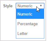 The three options of the grade presentation style drop-down list are shown as numeric, percentage, and letter.